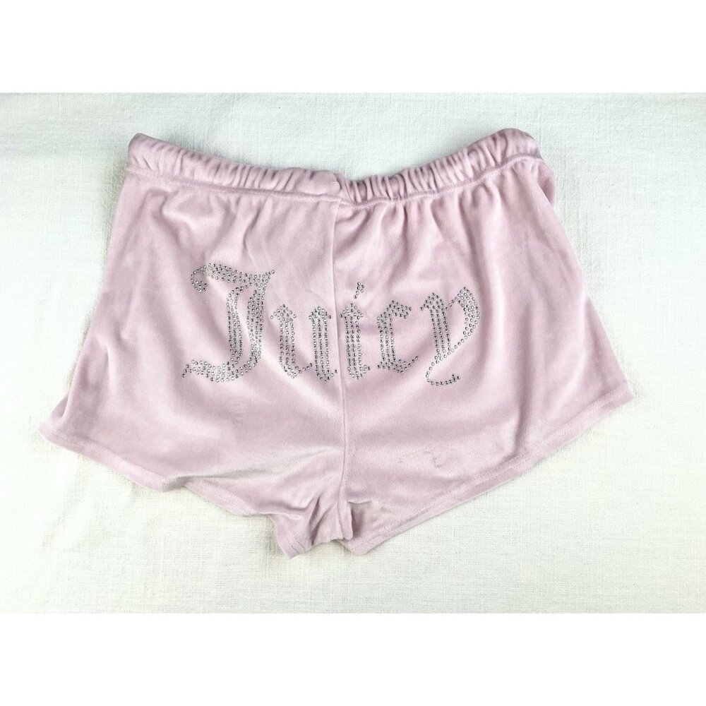 Juicy‎ Couture Women's Bubble Gum Pink Velour Spellout Rhinestone Shorts Size M - Picture 2 of 7